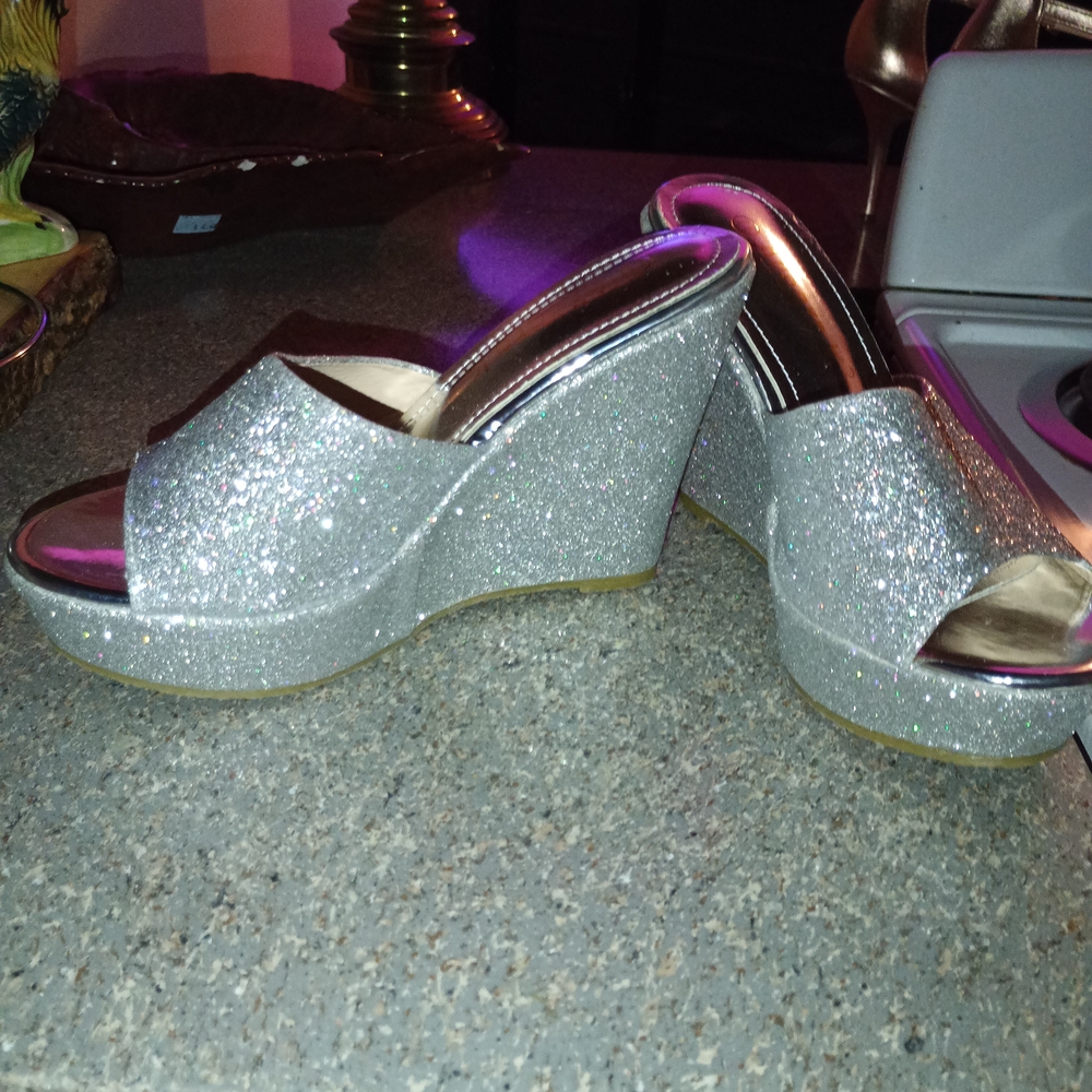 Allegra K Silver Glitter Wedge Heels